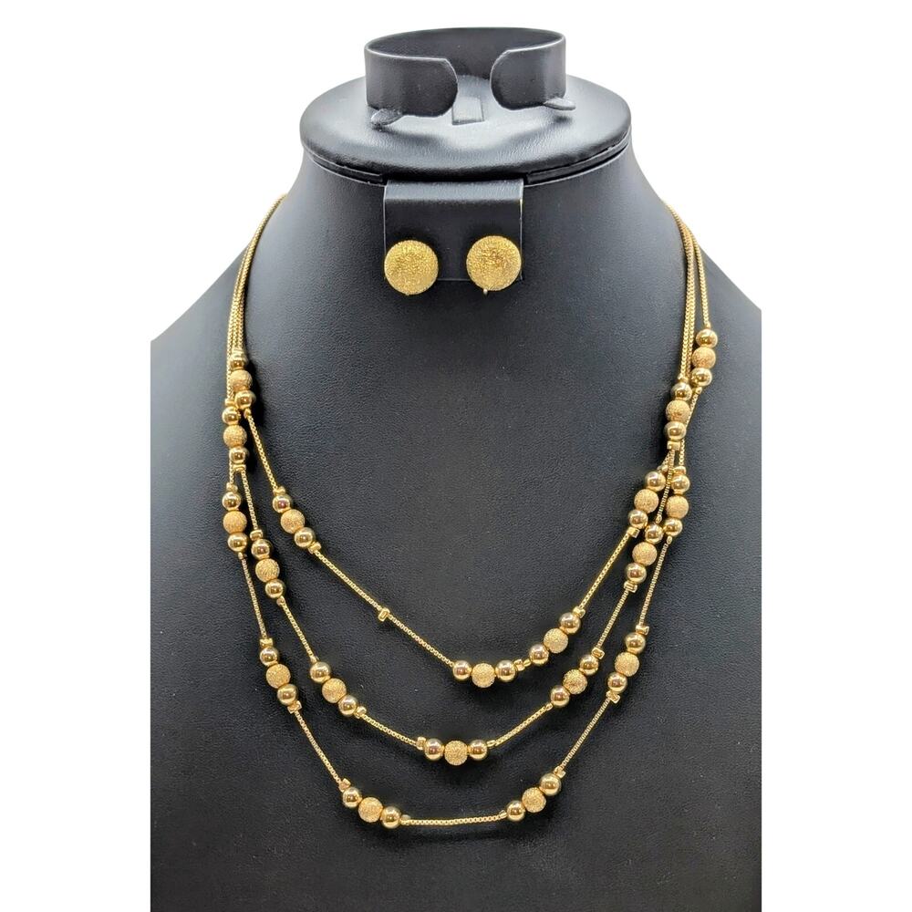 Vtg Etienne Aigner Three Strand Brushed Gold Tone Ball Necklace Earring Set